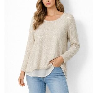 Sloni Wmns M Ivory Sequin Knit Top Chiffon Layered Hi Low Hem Scoop Neck EUC L/S